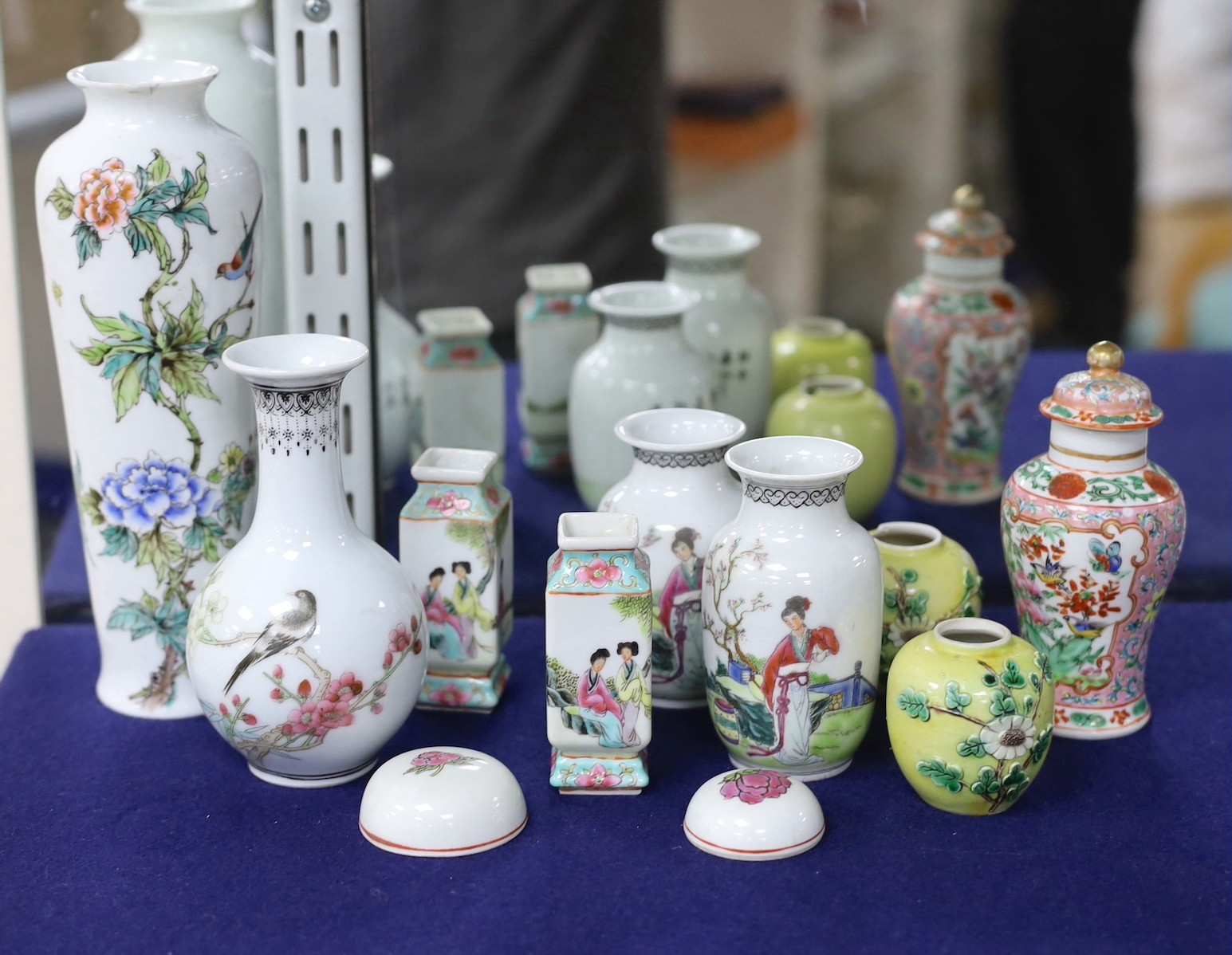 A pair of Chinese yellow glazed vases, pair of square form famille rose vases and baluster vase, a republic period baluster vase and five other items, (11items)